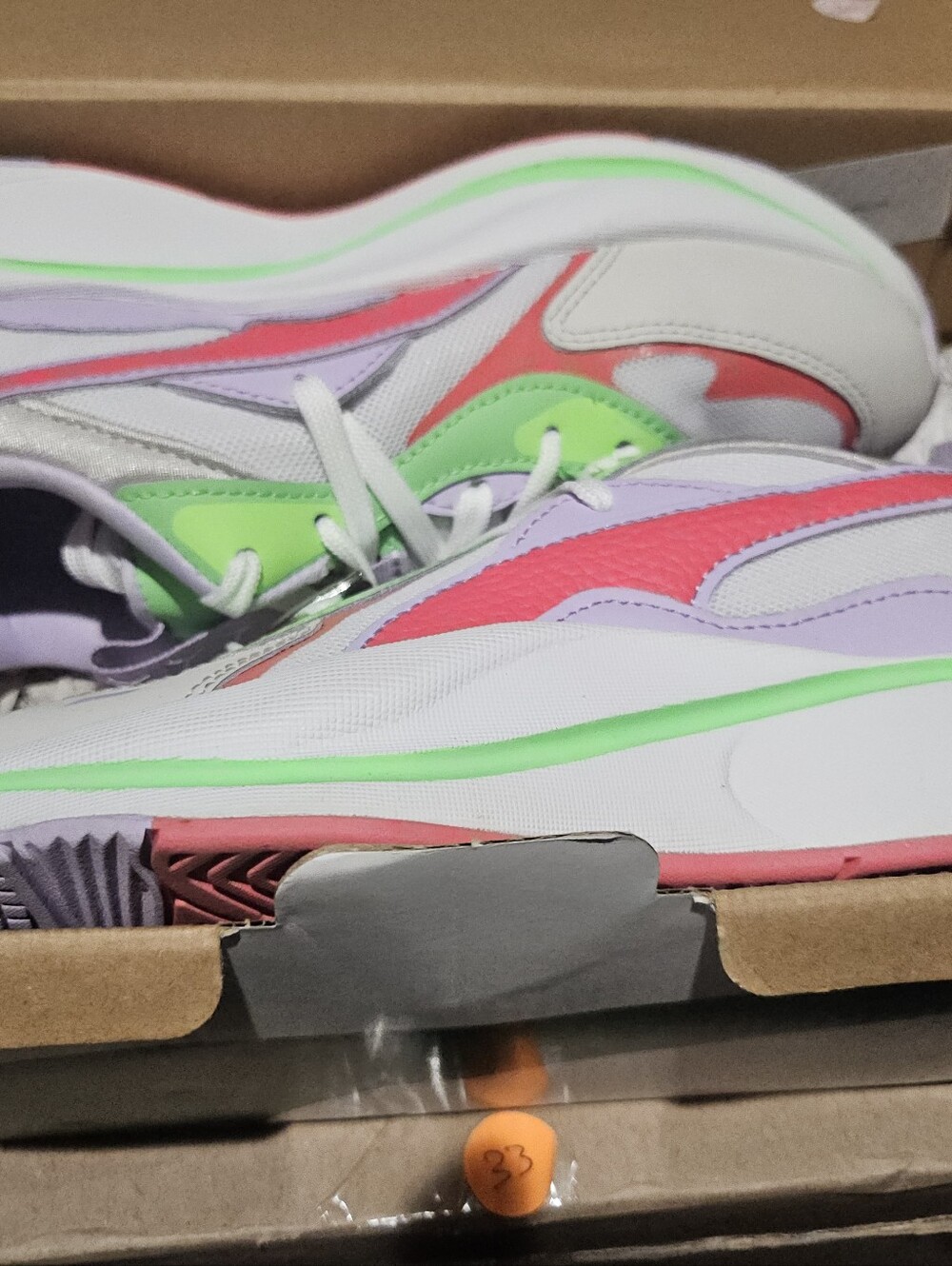 Puma White Sneakers with Pink, Lavender & Neon Green Accents